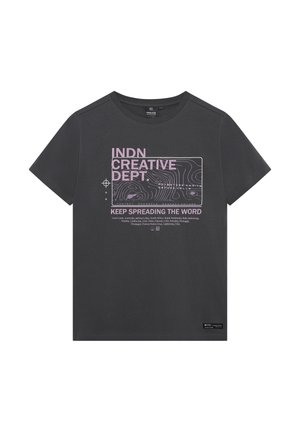 Donkergrijs T-shirt met korte mouwen met roze tekst en grafisch ontwerp. Bevat labels en een gestructureerd patroon in de print.