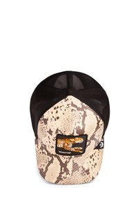 Trucker-Cap mit einem beigen und braunen Schlangenhautmuster, schwarzem Netzrücken und einem Front-Patch, das ein Leoparden-Design zeigt.