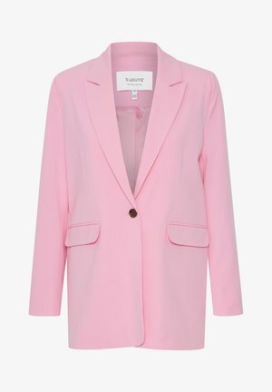 Blazer rosa chiaro con maniche lunghe, rever, chiusura con un singolo bottone marrone e due tasche frontali. Tessuto liscio, design casual.