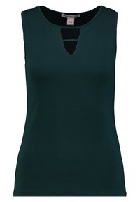 Bezramínkový tmavě zelený top vyrobený z hladkého materiálu. Má kulatý výstřih s malým trojúhelníkovým výřezem v předn�í části.