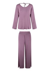 Lys lilla afslapningstøjssæt med en langærmet top med rund hals og bindebånd bagpå, kombineret med bukser med vide ben. Blødt, tekstureret stof.