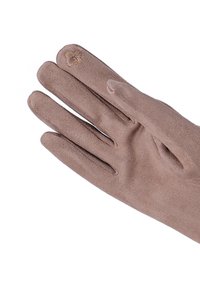 Guanti in suede marrone con una texture liscia e dettagli di cucitura al polso, con un accento floreale su una punta delle dita.