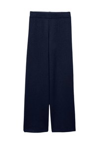 Pantalons larges navy en tissu doux avec une texture lisse. Dotés d'une taille élastique et sans embellissements supplémentaires.