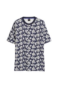 Korte mouwen t-shirt in marineblauw met een wit bloemenpatroon, voorzien van een ronde halslijn en een zachte stoftextuur.