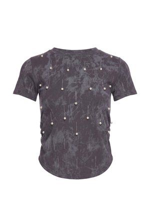 Short-sleeve dark gray tie-dye t-shirt with pearl-like beads attached in vertical lines across the back, no visible person.