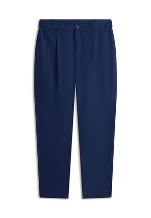 Marineblaue Hose aus strukturiertem Stoff, mit zwei vorderen Falten, Gürtelschlaufen und einem einzelnen Metallknopf am Bund.