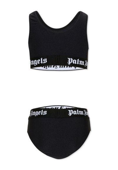 Maillot de bain deux pièces noir avec larges bandes élastiques comportant un texte blanc gothique "Palm Angels" en haut et en bas.