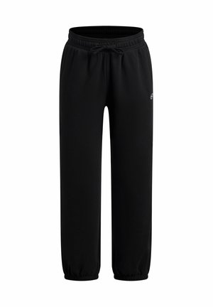 Zwarte joggingbroek met elastische tailleband en boorden, veters aan de voorkant, zijzakken en een klein rond logo op de linkerdij.