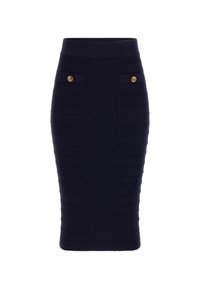 Jupe midi côtelée marine avec une taille haute, dotée de deux poches avant et de boutons dorés en accent, fabriquée en tissu texturé.
