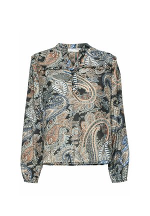 Long-sleeve blouse in lightweight fabric featuring paisley patterns in blue, orange, and white on a black background. Pleated neckline and elastic cuffs.