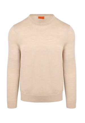Beige ronde hals trui gemaakt van zacht materiaal, met lange mouwen en ribbelmanchetten. Glad textuur met een minimalistisch ontwerp.
