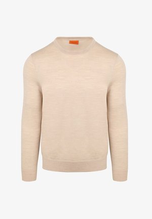 Beige ronde hals trui gemaakt van zacht materiaal, met lange mouwen en ribbelmanchetten. Glad textuur met een minimalistisch ontwerp.