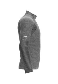 Chemise de compression grise à manches longues avec un motif rayé sur les manches et le texte blanc « COMPRESSPORT » sur le haut du bras, vue de profil.