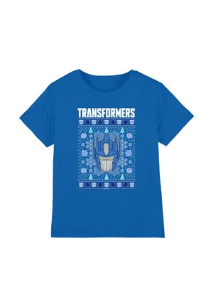 Blaues Baumwoll-T-Shirt mit einem grafischen Druck eines Roboterhelms und dem Text "TRANSFORMERS" darüber, umgeben von gemusterten Akzenten in Hellblau.