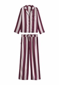 Maroone und weiße gestreifte Schlafanzugset, bestehend aus einem Langarmshirt mit Knöpfen und einer Tasche sowie einer weiten Hose mit elastischem Bund.