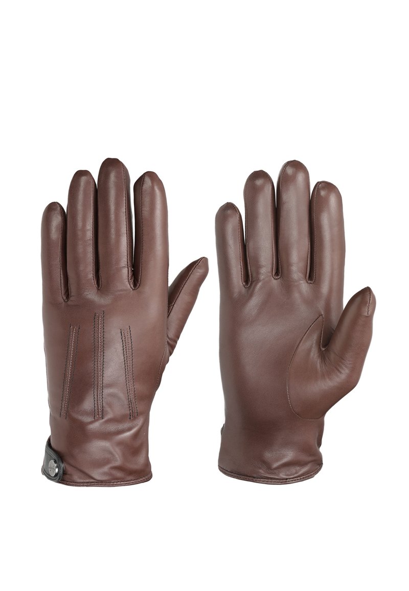 Smeđe kožne rukavice s glatkom teksturom, četiri prsta s detaljima šivanja i remenom s kopčom na zapešću.