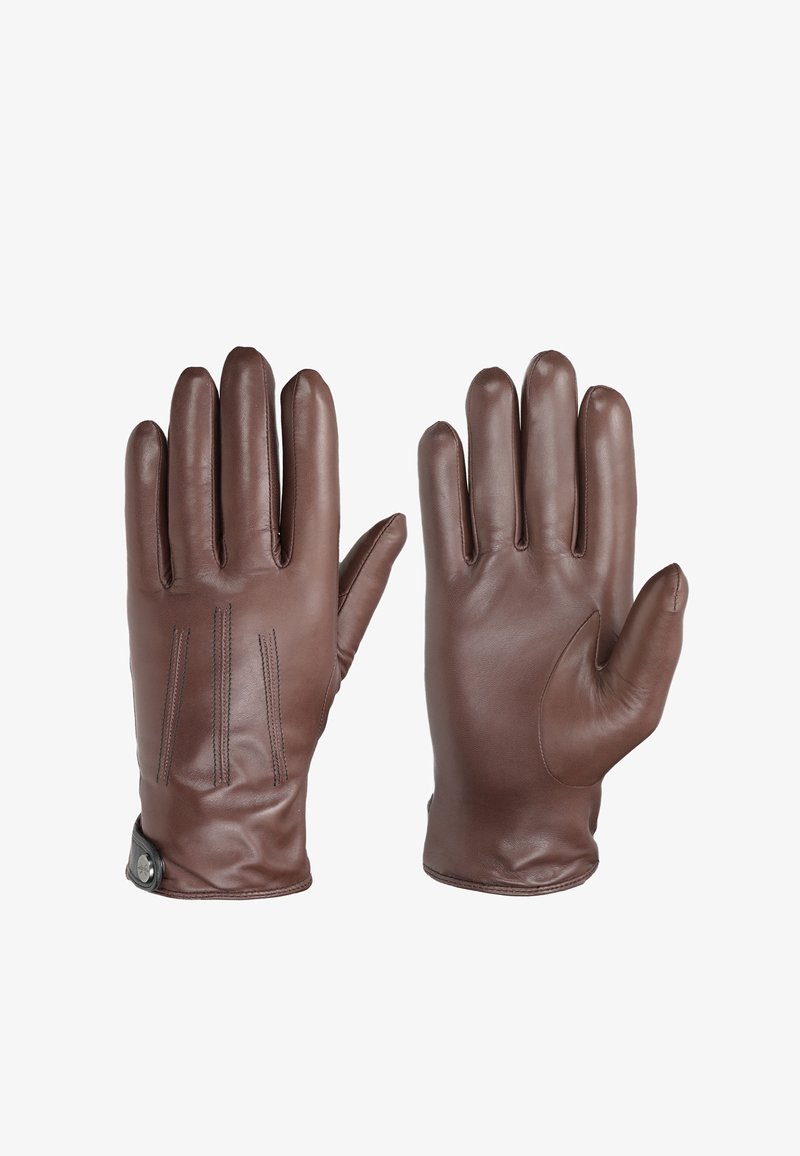 Smeđe kožne rukavice s glatkom teksturom, četiri prsta s detaljima šivanja i remenom s kopčom na zapešću.
