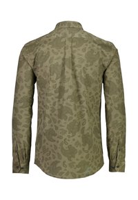 Olijfgroene lange mouwen shirt met een paisley-patroon. Zachte stof met een kraag en knoopsmanchetten. Het achteraanzicht benadrukt de ontwerpelementen.