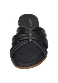 Black leather slide sandal featuring a pleated design, flat sole, and metallic accent with three small studs at the center.