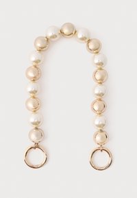 Lănțișor cu mărgele, având perle albe lucioase și bej alternate, cu elemente circulare de culoare aurie la fiecare capăt.