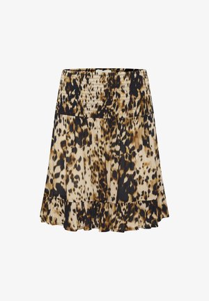 Plišasta mini krila v bež in črnem leopardjem vzorcu, ki ima nabran pas in flounce rob na dnu.