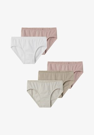 Set van vijf katoenen slipjes in wit, lichtroze, beige en een gestreept beige patroon. Voorzien van zachte elastische taillebanden en een gladde textuur.