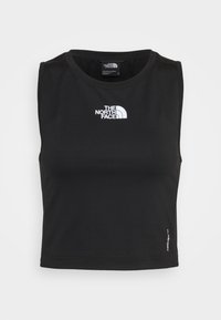 Black cropped tank top made of stretchy material. Features a white logo on the chest and minimalistic design with no additional embellishments.