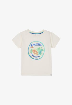 Crème t-shirt met een circulaire afbeelding waarop de tekst 'Limón' staat, samen met een illustratie van een grapefruit en een peer in groene en blauwe tinten. Korte mouwen.