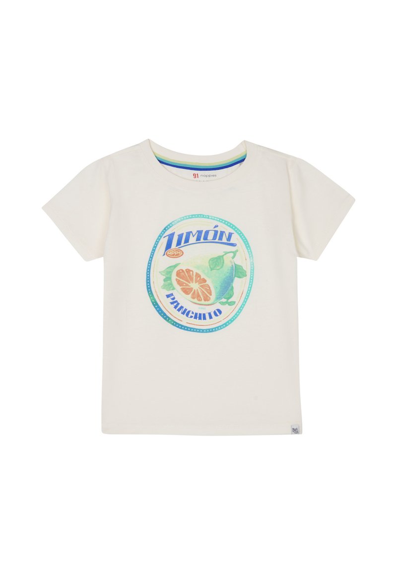 Crème t-shirt met een circulaire afbeelding waarop de tekst 'Limón' staat, samen met een illustratie van een grapefruit en een peer in groene en blauwe tinten. Korte mouwen.