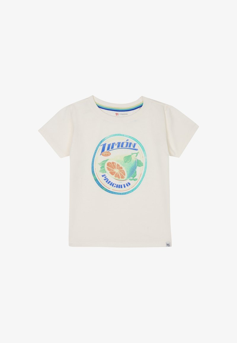 Cream t-shirt featuring a circular graphic with 'Limón' text, grapefruit, and a pear illustration in green and blue tones. Short sleeves.