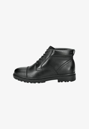 Schwarze Leder-Stiefeletten mit glatter Textur, runder Zehenform, Schnürung vorne und Gummi-Sohle. Mit Nähakzenten und einer Zuglasche.