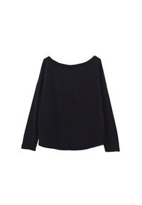 Zwarte lange mouwen top met een off-shoulder halslijn en een ontspannen pasvorm. Glad materiaal met een subtiele glans, voorzien van een centrale achternaad.