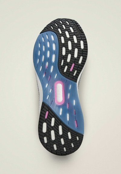 Shoe sole with black rubber for traction, translucent blue accents, white and pink ventilation holes, and a cushioned central pod detail.