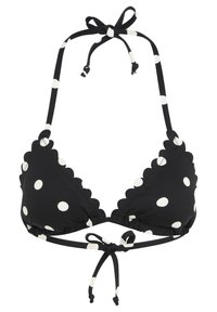 Črn bikini top s pikami z valovitimi robovi, nastavljivimi vezi in belimi pikami. Gladek material z teksturiranim vzorcem.