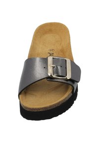Gray slide sandal with a glossy strap and a metallic buckle. Features a cork footbed and black outsole, offering comfort and support.
