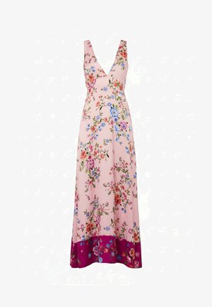 Abito lungo rosa senza maniche con scollo a V profondo, caratterizzato da una stampa floreale multicolore e un orlo floreale a contrasto di colore viola scuro.