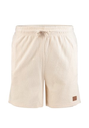 Pantaloncini in tessuto beige a trama con fascia elastica in vita e coulisse, con una piccola toppa logo quadrata marrone sulla parte inferiore della gamba sinistra.