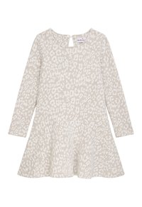 Hellbeige Kleid mit langen Ärmeln, strukturiertem Muster, schwingendem Rock und einer Schlüsselaugenknopfverschluss hinten. Glattes Material mit subtilen Details.