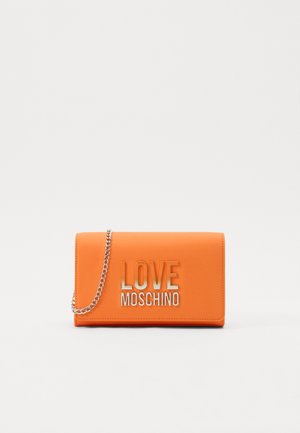 Orange clutch bag with a smooth faux leather finish, featuring a silver chain strap and embossed "LOVE MOSCHINO" logo on the front.
