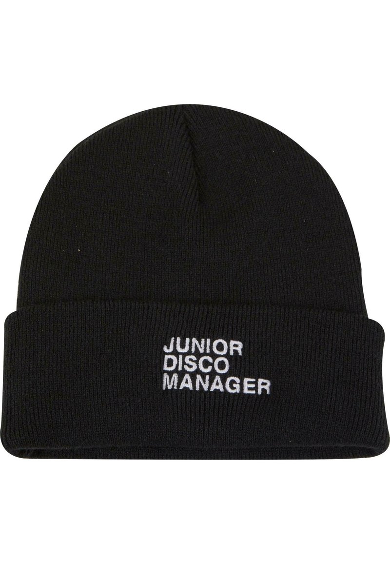Melnā adīta cepure ar salocītu maliņu un baltu izšūtu tekstu "JUNIOR DISCO MANAGER." Mīksta tekstūra un cieši pieguļošs dizains.