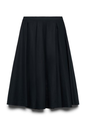 Jupe noire longueur genou avec plis et taille ajustée, présentée sur fond blanc.