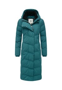 Tyrkysový púšťač so kapucňou, so zipsom, prešívanou textúrou a bočnými vreckami. Vo vnútri podšitý mäkkou látkou pre dodatočné teplo.