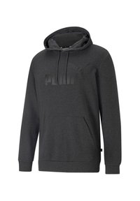 Hoodie gris foncé en tissu doux, avec une poche kangourou à l'avant, une capuche à cordon de serrage et un logo noir en relief sur la poitrine.