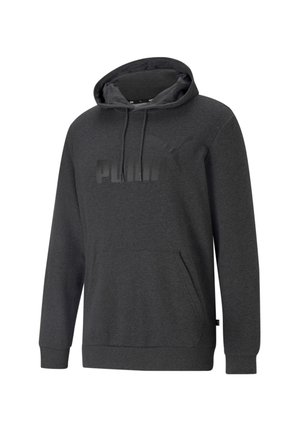 Hoodie gris foncé en tissu doux, avec une poche kangourou à l'avant, une capuche à cordon de serrage et un logo noir en relief sur la poitrine.