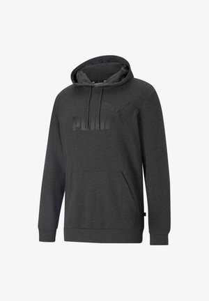 Hoodie gris foncé en tissu doux, avec une poche kangourou à l'avant, une capuche à cordon de serrage et un logo noir en relief sur la poitrine.