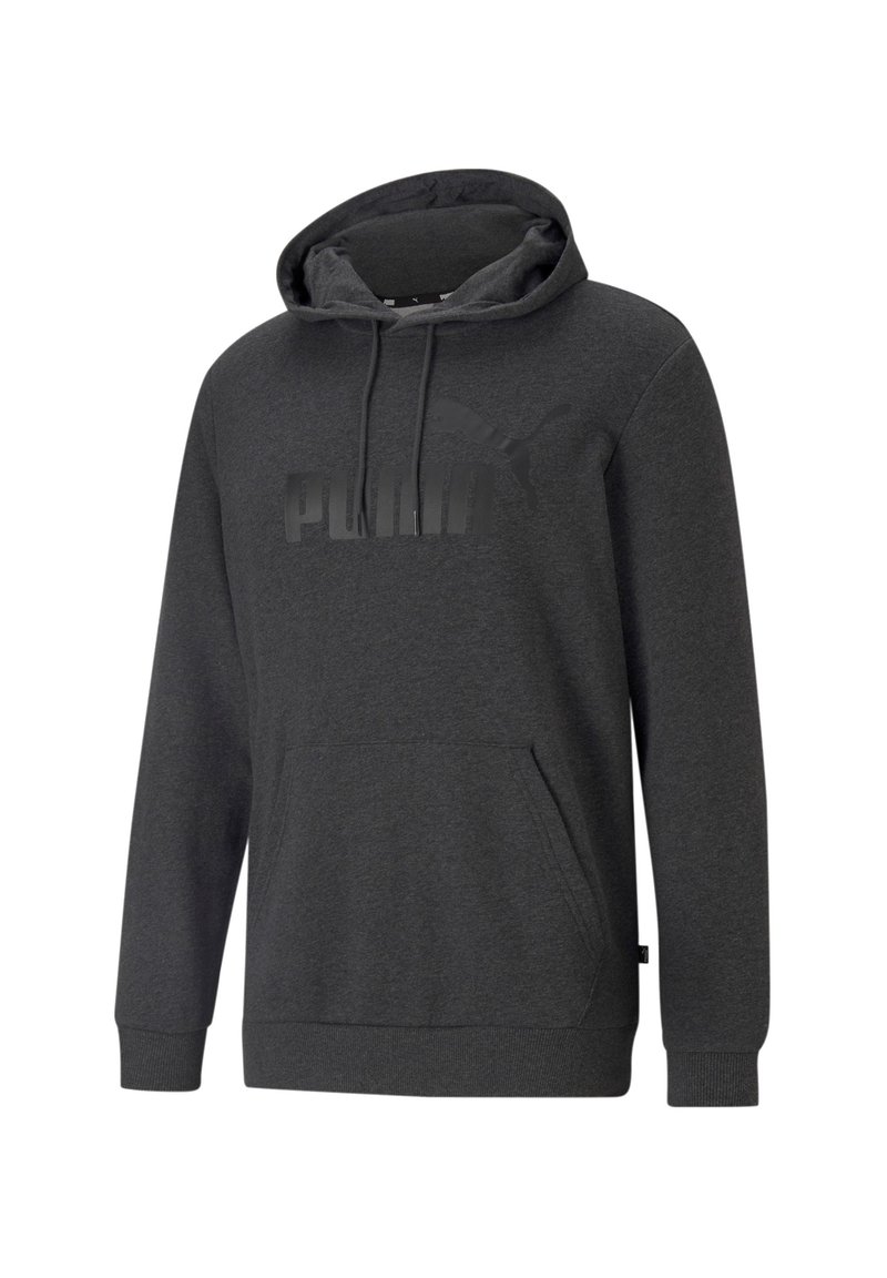 Hoodie gris foncé en tissu doux, avec une poche kangourou à l'avant, une capuche à cordon de serrage et un logo noir en relief sur la poitrine.