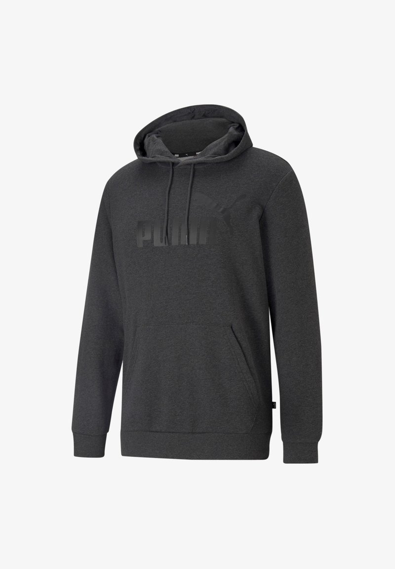 Hoodie gris foncé en tissu doux, avec une poche kangourou à l'avant, une capuche à cordon de serrage et un logo noir en relief sur la poitrine.