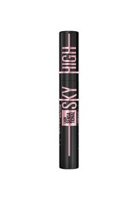 Tube de mascara noir cylindrique avec un texte rose affichant le nom du produit et la marque ; texture lisse et finition brillante.