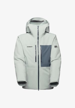 Light grey waterproof jacket with a dark grey chest pocket, front zippers, and a hood. Features a logo on the left side and textured fabric.