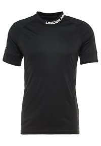 Svart kortärmad träningsskjorta gjord av ett slätt, stretchigt tyg. Har rundad halsringning och "UNDER ARMOUR"-logotypen vid kragen.
